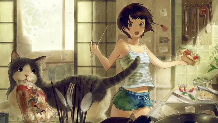 女孩与猫咪的治愈系手绘插画图片(2)