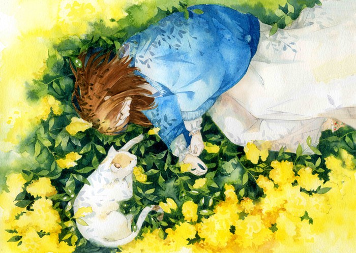 女孩与猫咪的治愈系手绘插画图片(8)