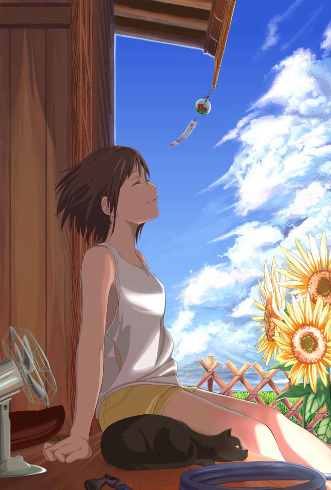 在缘侧上吃瓜晒太阳的优美插画图片(2)