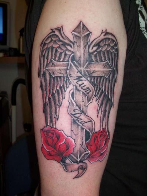 十字架玫瑰刺青艺术纹身
