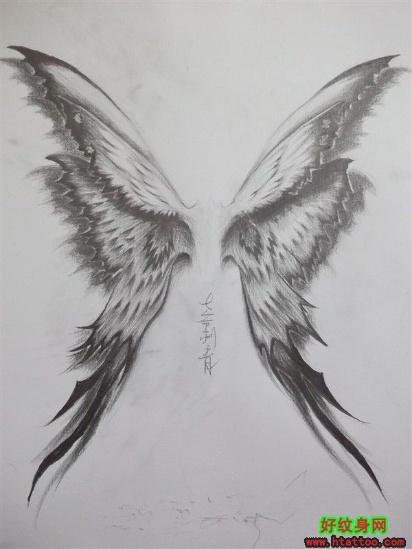 蝴蝶翅膀黑白3D纹身图案手稿