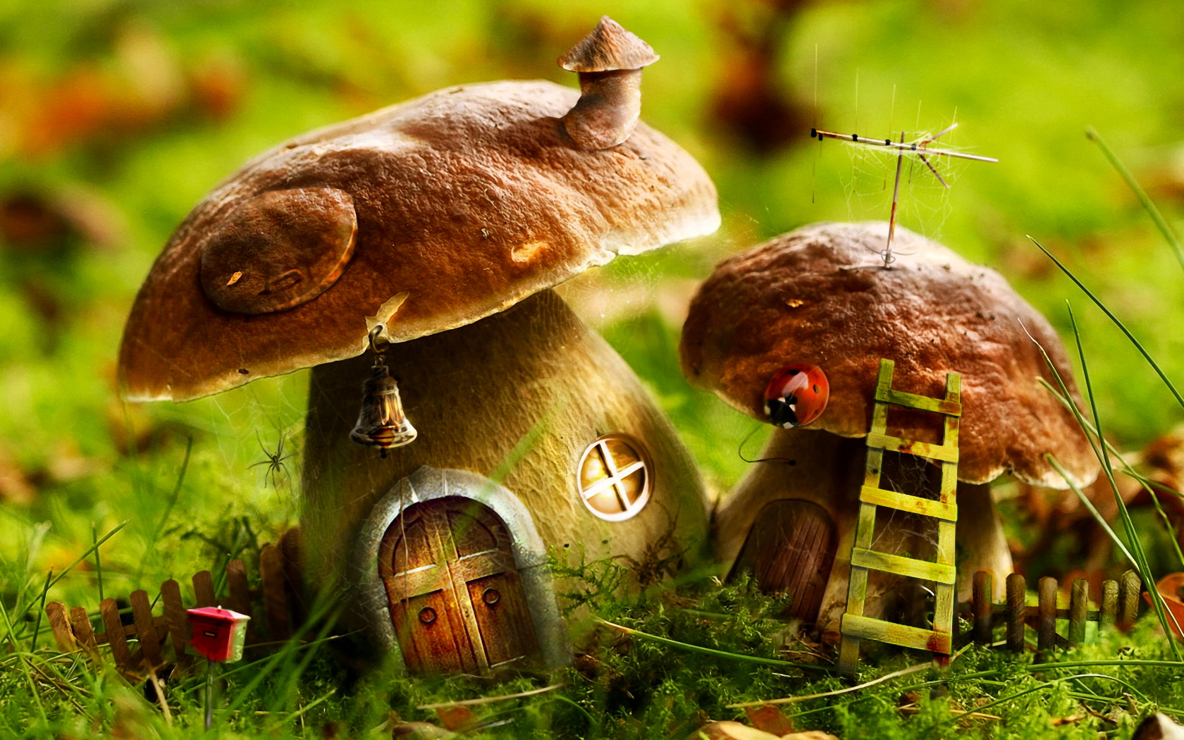 3D小蘑菇屋上的瓢虫素材图片