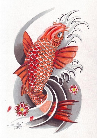 红色鲤鱼纹身图片 红色鲤鱼半甲纹身素材图案