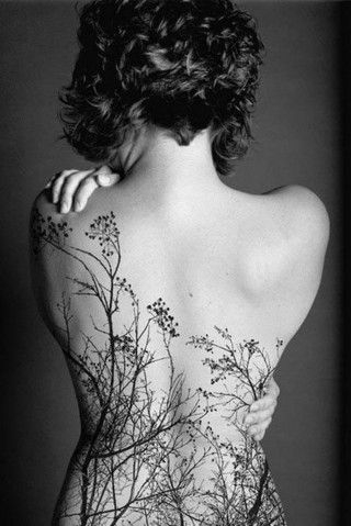 女生背部树木纹身图案