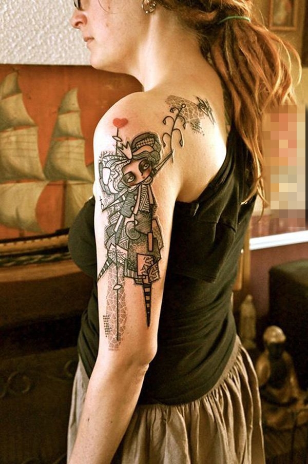 女生手臂上黑色点刺几何线条人物肖像小女孩纹身图片