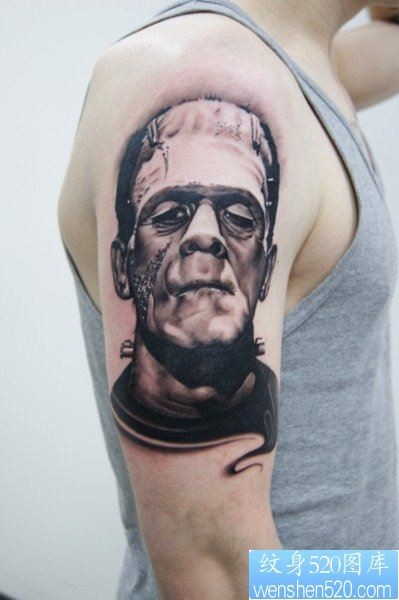 一款手臂黑灰人物肖像纹身图案