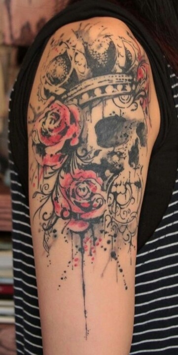 纹身520图库推荐一组手臂骷髅玫瑰花纹身图片