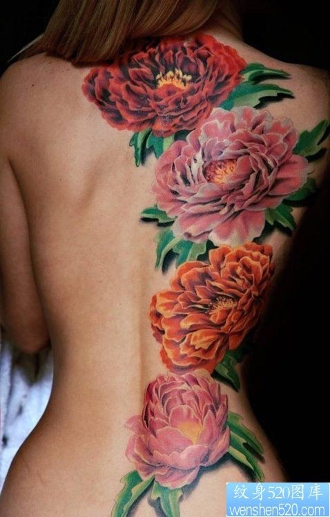 一款女性背部彩色牡丹花纹身图案