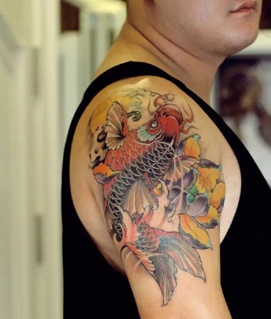 美丽的彩色鲤鱼大臂纹身图片