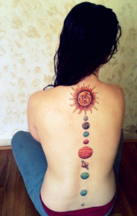 背部漂亮的太阳系星球纹身图案