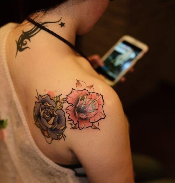女神肩部好看姐妹玫瑰花纹身图案