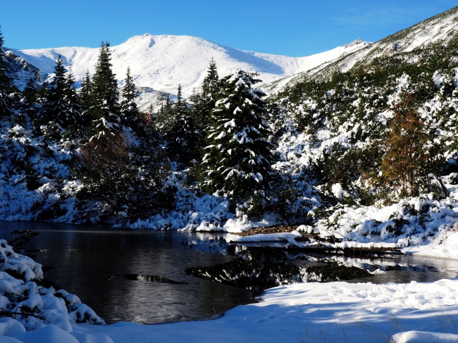 高山湖泊冬季雪景图片