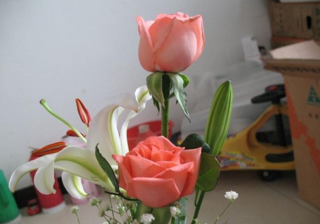 百合花玫瑰花组合图片，一个忘记自己年龄的你，一个永远微笑的面孔