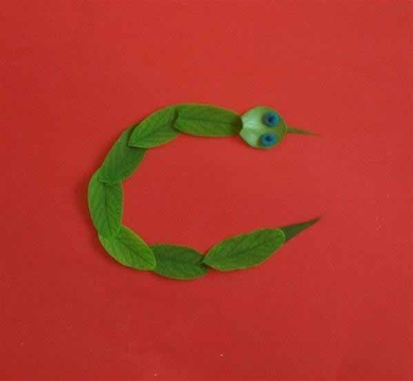 树叶贴画的制作方法 创意儿童手工DIY小蛇拼贴画教程(6)