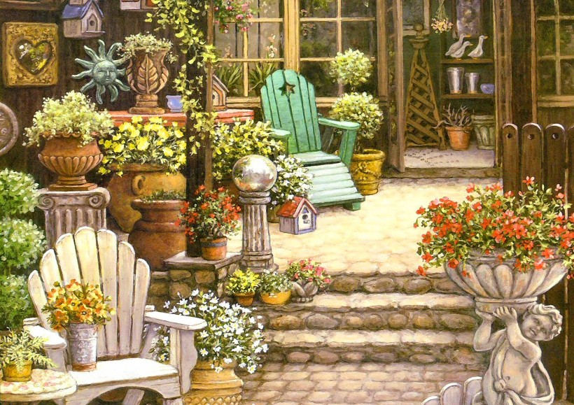 温馨图片背景高清 温馨花园油画图片(6)