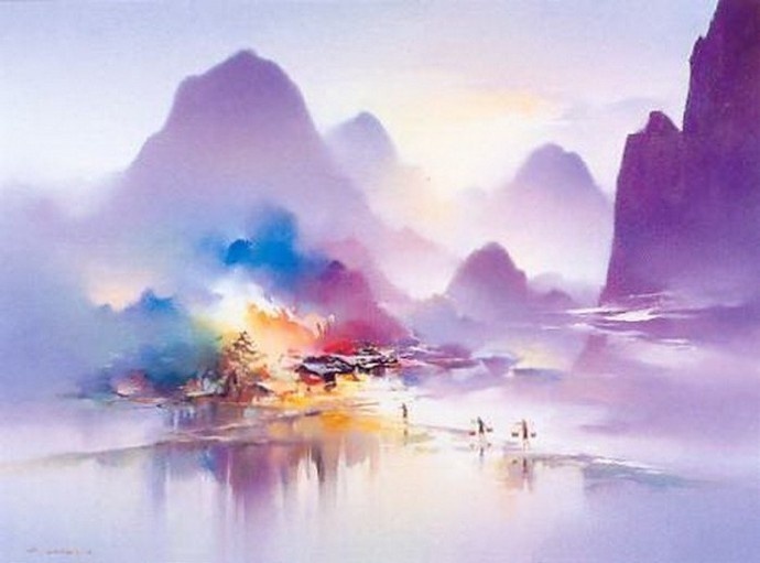 水彩山水画图片 锦绣山河旖旎风光