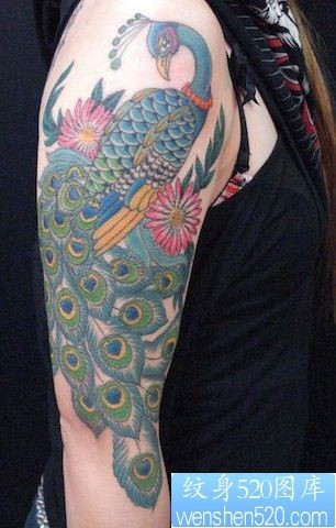 大臂上漂亮的孔雀纹身